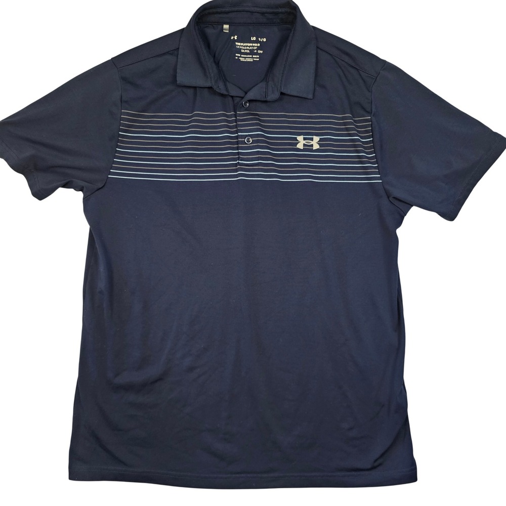 Under Armour Mens Playoff Polo Shirt Navy Blue Striped Short Sleeve Large LG